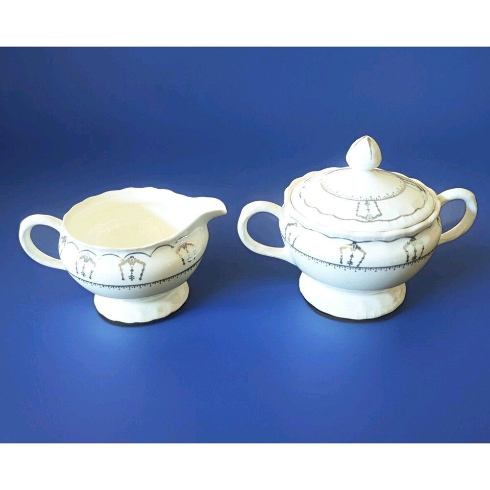 VTG Pope Gosser China Sterling Silver Trimmed Jewel Pattern SUGAR BOWL & CREAMER